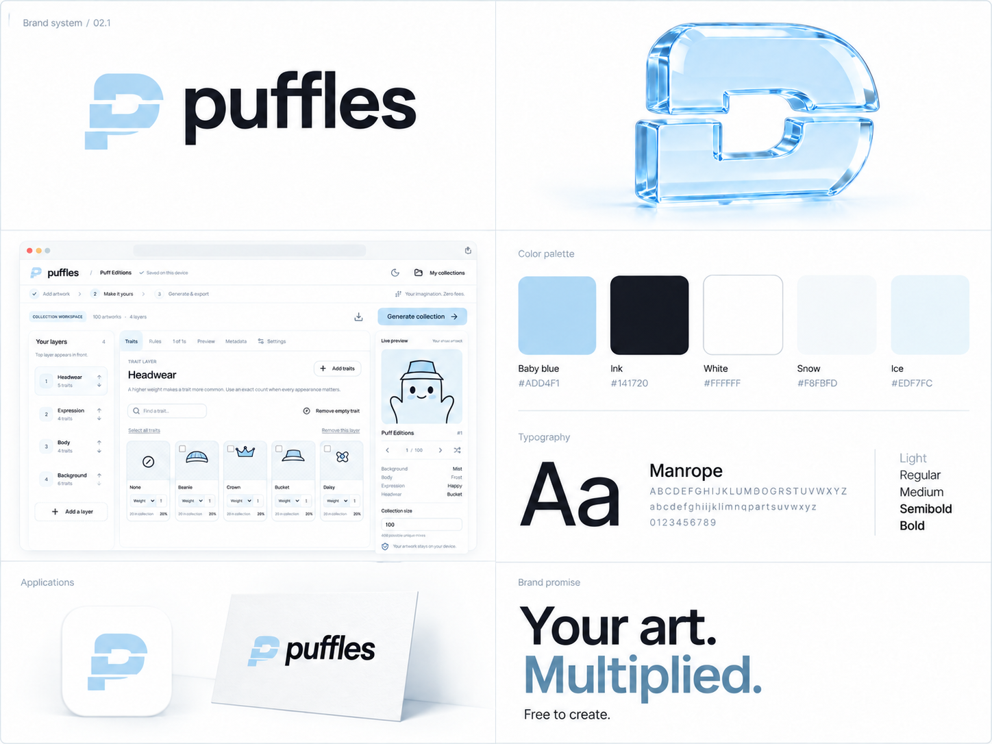 Puffles white, black and baby-blue visual identity overview